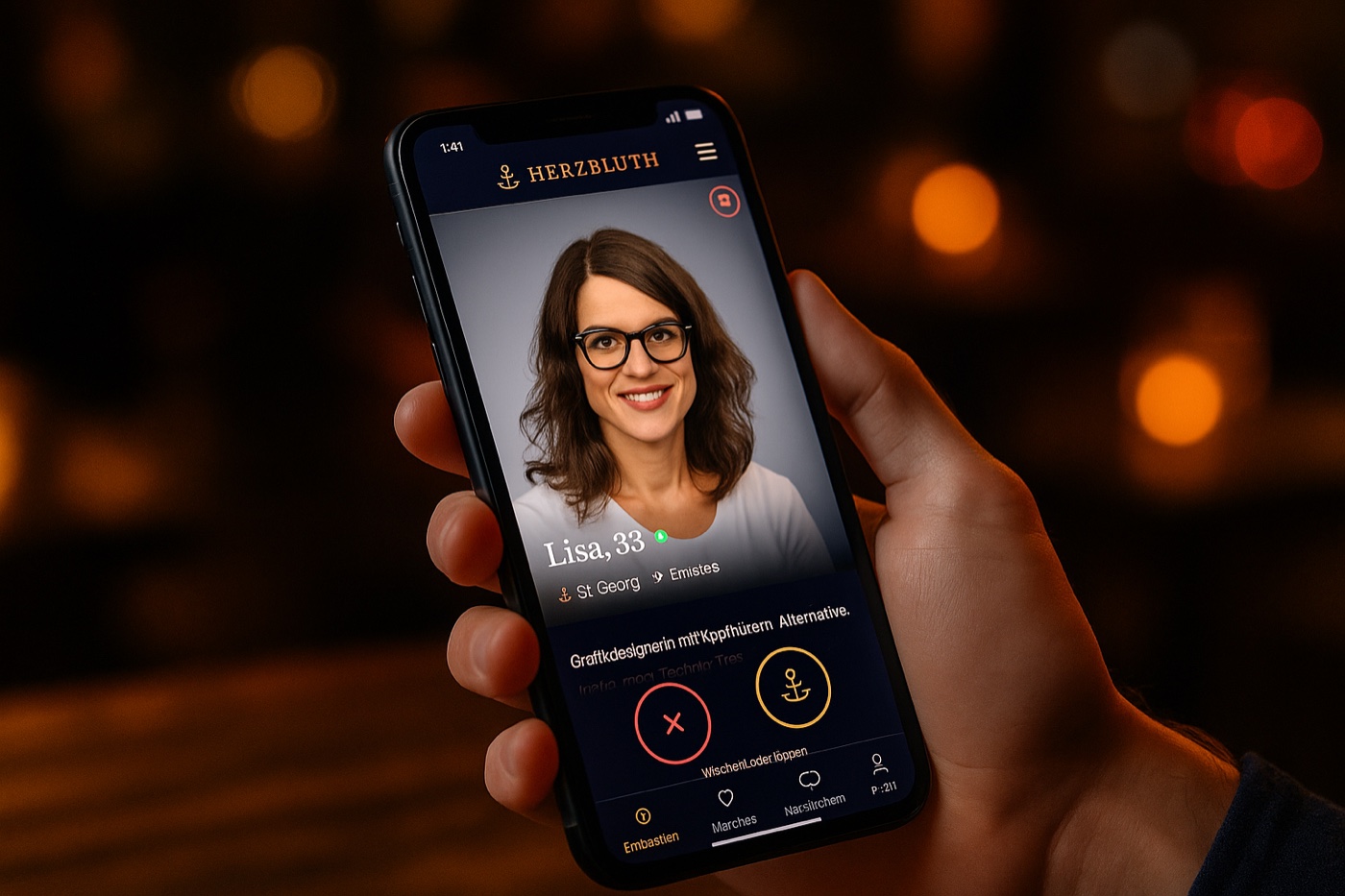 Herzbluth — die Dating-App in der Hand, abends in einer Hamburger Bar