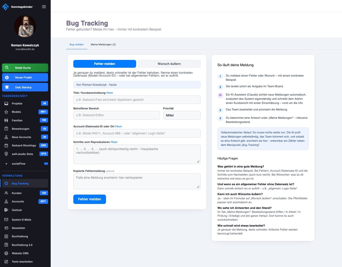 bugFlow — ein Feature wünschen oder einen Fehler melden